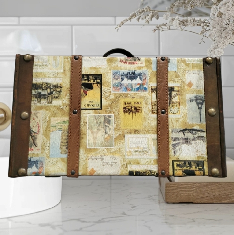 DECORATIVE LUGGAGE WITH LEATHER TRIM 15"×9"×4"